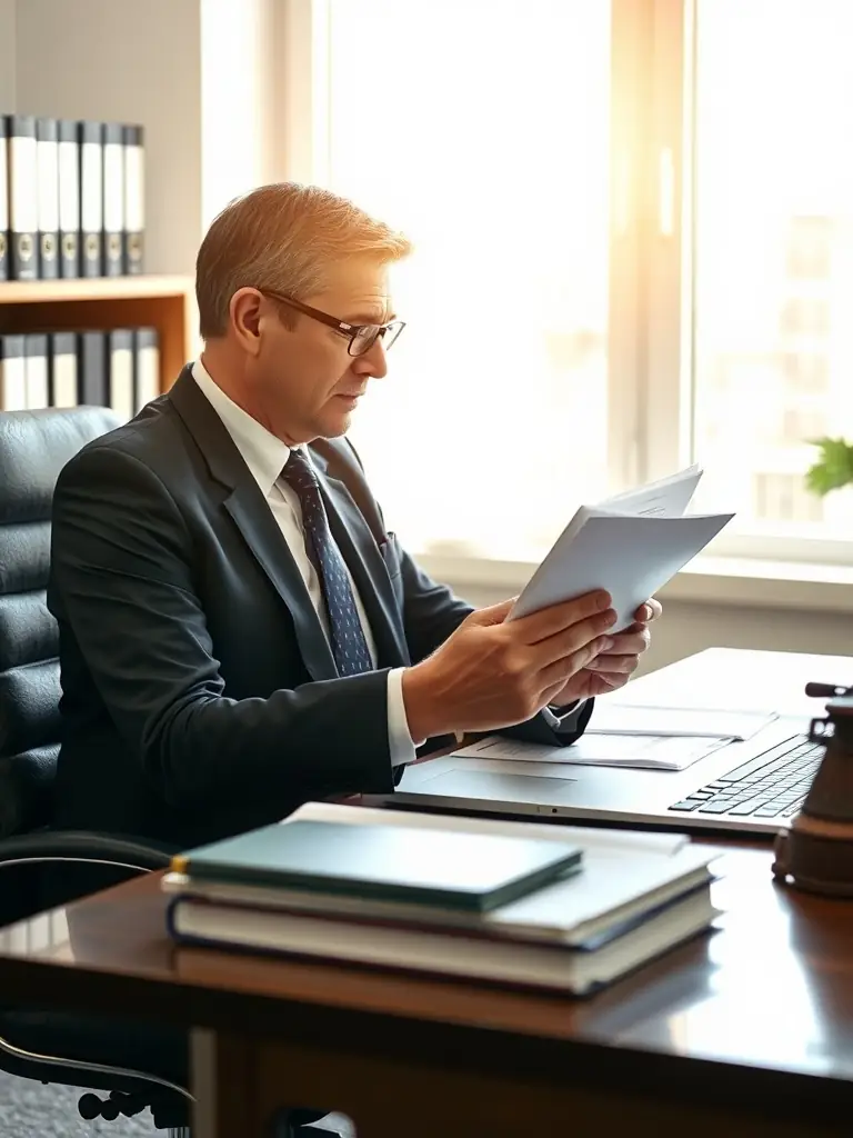 A lawyer reviewing documents at a desk in a bright office.