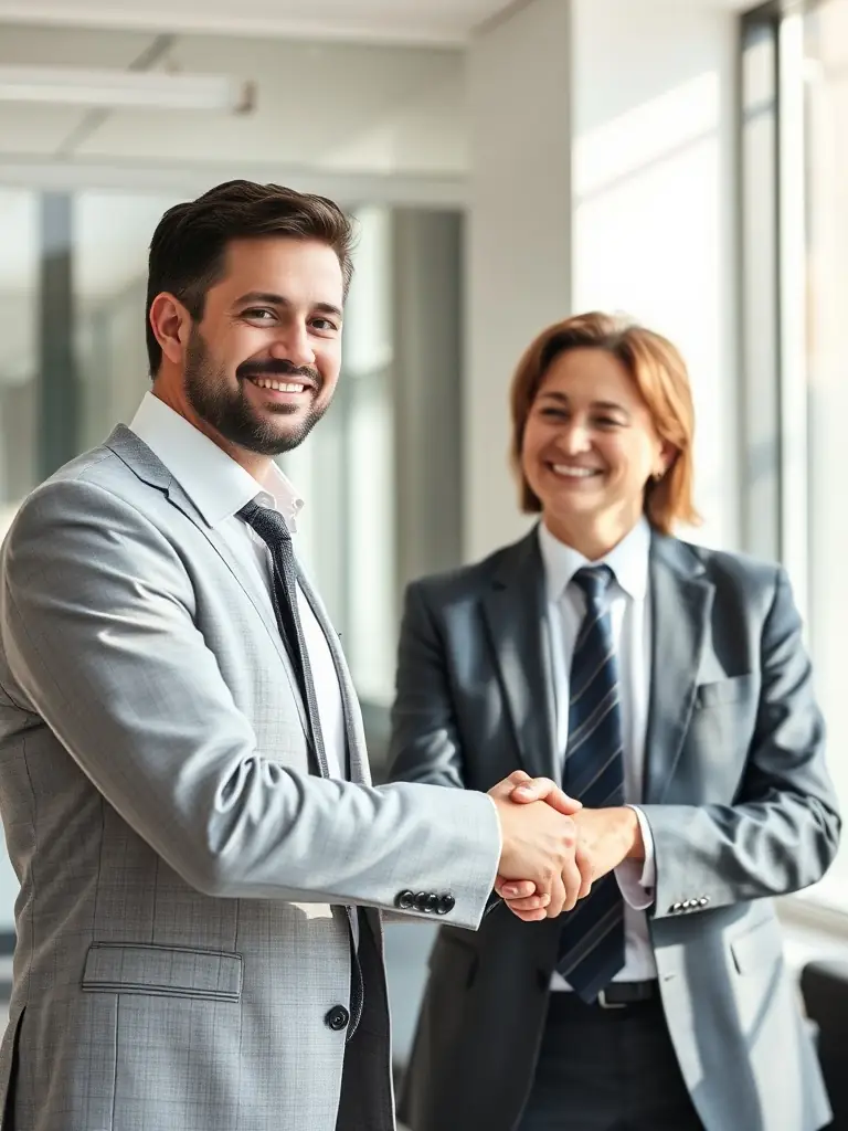 A lawyer and client shaking hands, depicting successful collaboration.