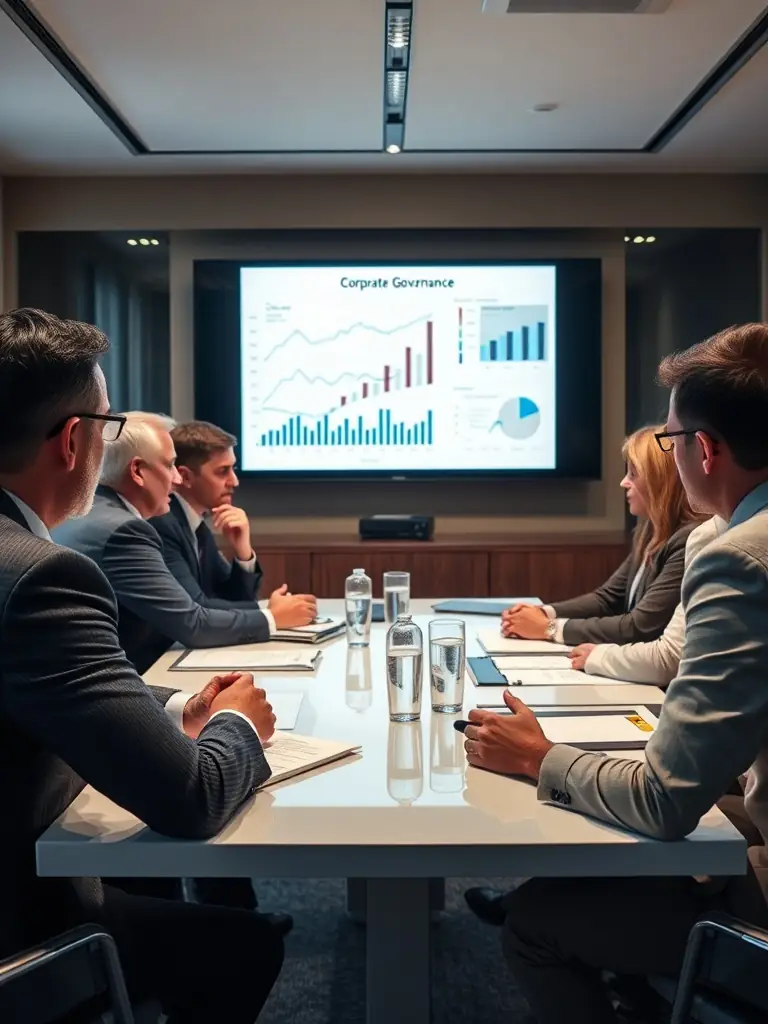 Legal advisors discussing corporate governance in a modern business meeting.